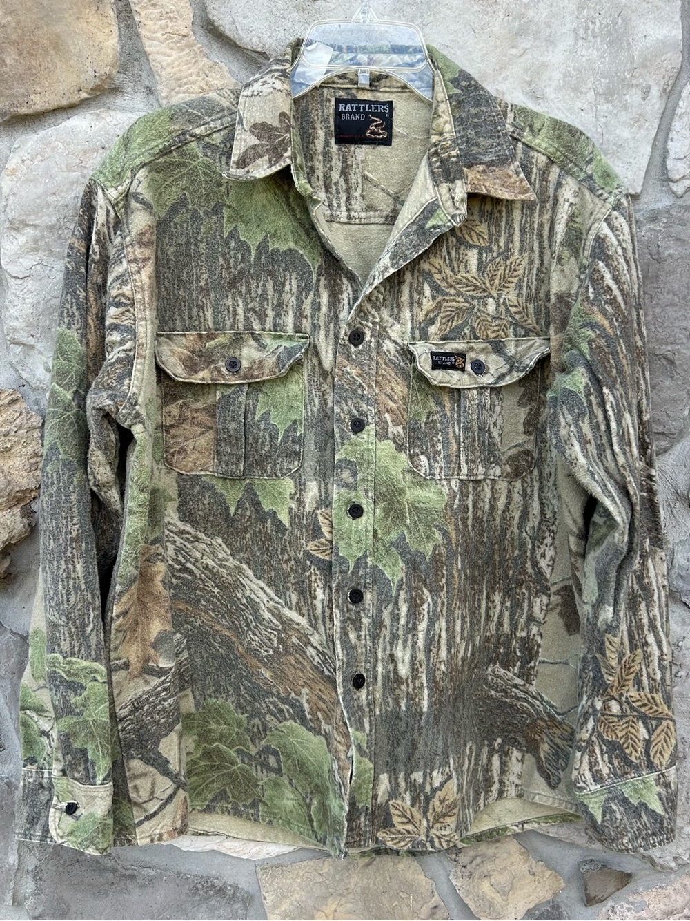 Vintage Rattlers Brand Camo Flannel Button Up Shirt Size L Outdoor Hunting